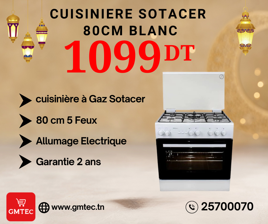 CUISINIERE A GAZ SOTACER 5FEUX 80CM BLANC SF8500WI