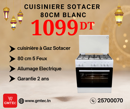 CUISINIERE A GAZ SOTACER 5FEUX 80CM BLANC SF8500WI