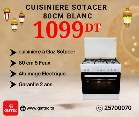 CUISINIERE A GAZ SOTACER 5FEUX 80CM BLANC SF8500WI