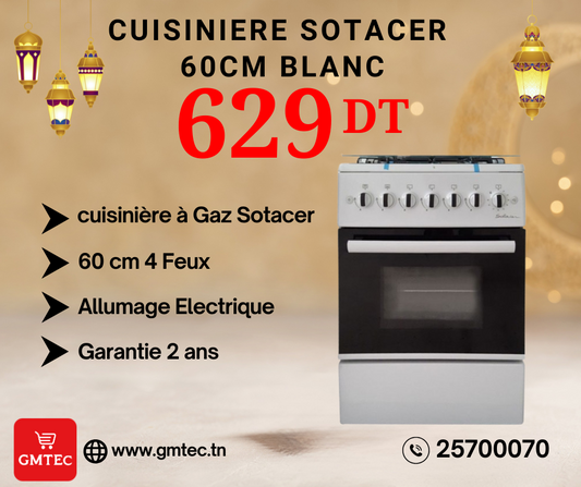 CUISINIERE A GAZ SOTACER 60CM 4FEUX BLANC F6B40G2W