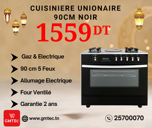 CUISINIERE GAZ & ELECTRIQUE 90CM 5 FEUX NOIR VITRO