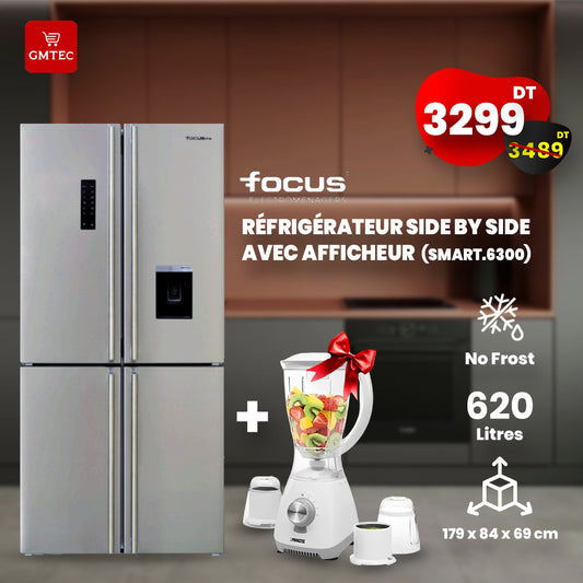 REFRIGERATEUR SIDE BY SIDE FOCUS AVEC AFFICHEUR 620 LITRES - INOX