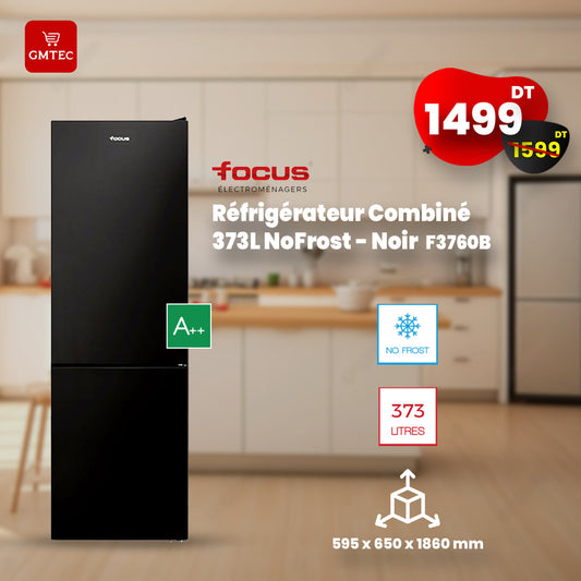 REFRIGERATEUR COMBINE FOCUS 373 LITRES NOFROST 60CM NOIR