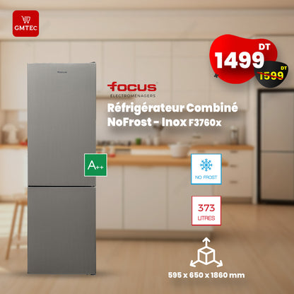 REFRIGERATEUR COMBINE FOCUS 373 LITRES NOFROST 60CM SILVER