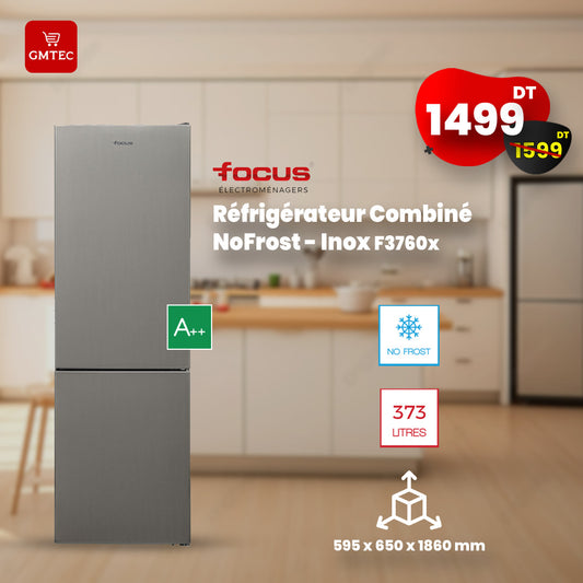REFRIGERATEUR COMBINE FOCUS 373 LITRES NOFROST 60CM SILVER