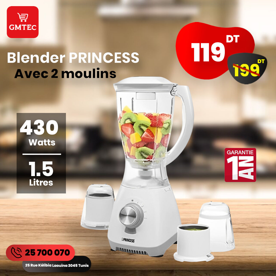 BLENDER PRINCESS 1.5 LITRES 430 W + 2 MOULINS