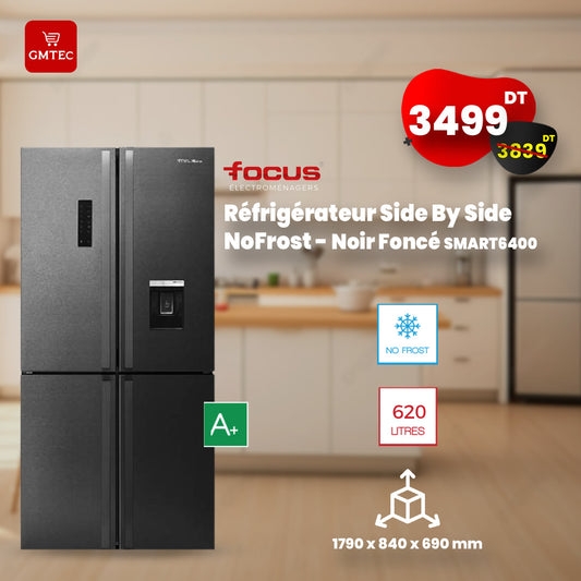 REFRIGERATEUR SIDE BY SIDE FOCUS AVEC AFFICHEUR 620 LITRES SMART6400 - DARK INOX