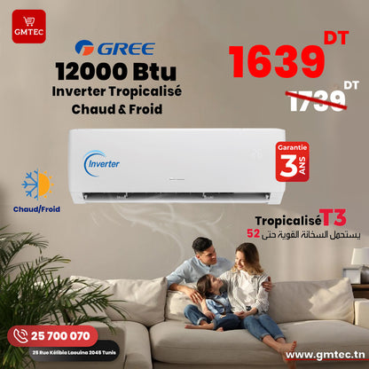 CLIMATISEUR GREE INVERTER 12000 BTU CHAUD ET FROID SMART TROPICALISE