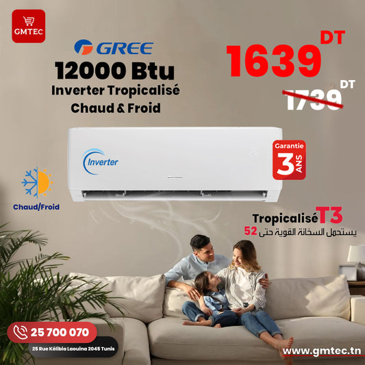 CLIMATISEUR GREE INVERTER 12000 BTU CHAUD ET FROID SMART TROPICALISE